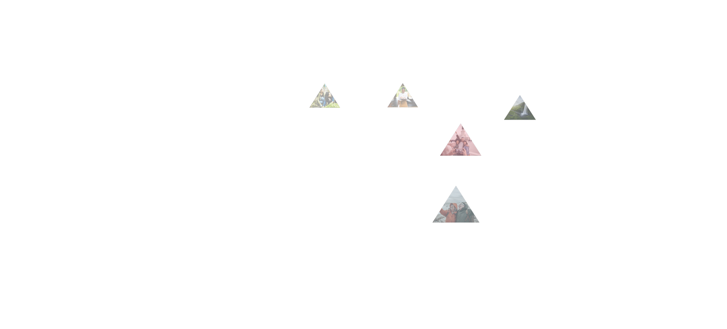 Triangle images of 2 ladies gardening, a lady holding a tray of food, a group a people taking a picture, 2 elders laughing, and a waterfall