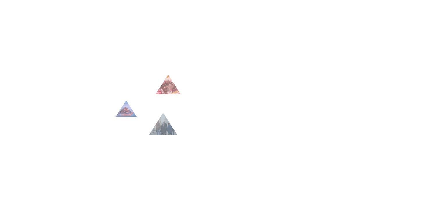 Triangle images of a person weaving, a group of people walking on the street, and a castle