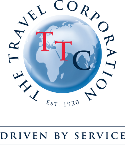 The Travel Corporation logo featuring a globe with "TTC" initials, surrounded by the text "The Travel Corporation" and "Est. 1920," followed by the tagline "Driven by Service.