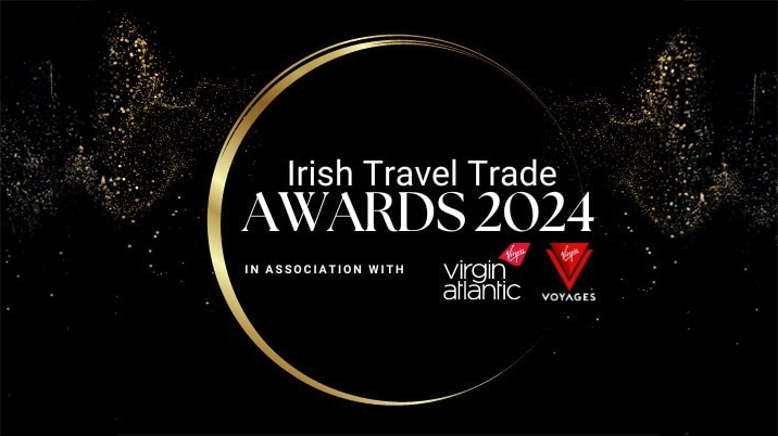 Logo for the Irish Travel Trade & Sustainability Awards 2024, in association with Virgin Atlantic and Virgin Voyages, featuring a dark background with gold accents.