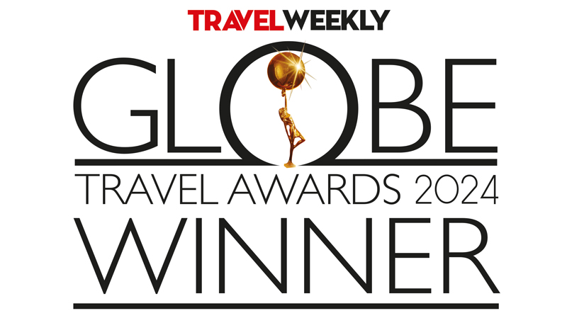 A logo for the Travel Weekly Globe Travel Awards 2024 Winner, featuring a golden figure holding a globe, symbolizing excellence in travel and aligning with the ethos of Sustainability Awards.