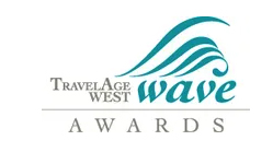 Logo of TravelAge West Wave Awards featuring stylized teal waves above the words "TravelAge West WAVE Awards," celebrating excellence in sustainable travel with the Sustainability Awards.