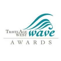 Logo of TravelAge West Wave Awards, featuring teal wave graphics and text, celebrating excellence with a nod to sustainability awards.