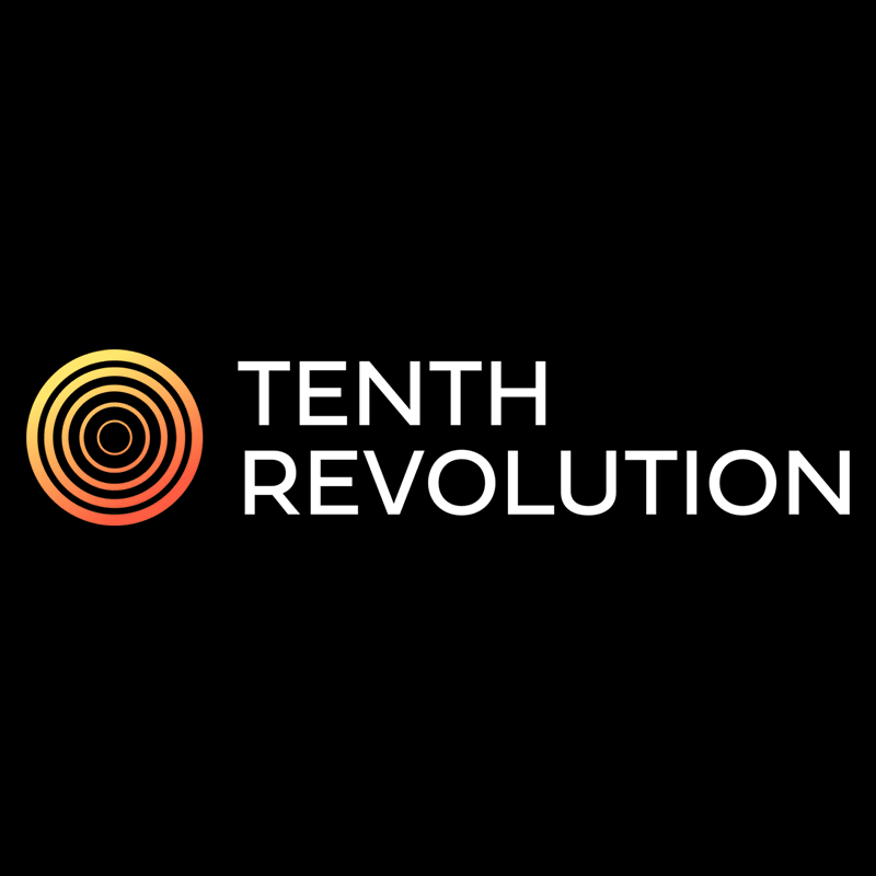 A logo with the text "Tenth Revolution" in white, elegantly paired with a gradient circular pattern transitioning from yellow to red on a black background, embodying the spirit of Sustainability Awards.